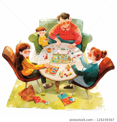 Family enjoying a board game together in a cozy living room during a Sunday afternoon Family enjoying a board game together in a cozy living room during a Sunday afternoon 128236567
