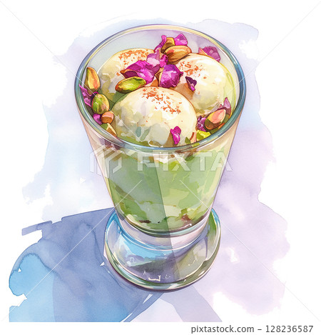 Pistachio dessert with decorative petals served on a plate at a vibrant culinary event 128236587
