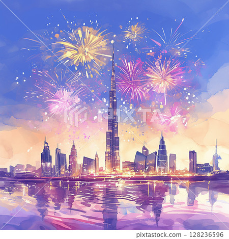 Colorful fireworks illuminate the skyline of a modern city during a festive celebration at dusk Colorful fireworks illuminate the skyline of a modern city during a festive celebration at dusk 128236596