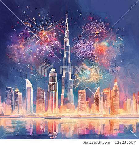 Colorful fireworks explode above a skyline featuring modern buildings at night in Dubai Colorful fireworks explode above a skyline featuring modern buildings at night in Dubai 128236597