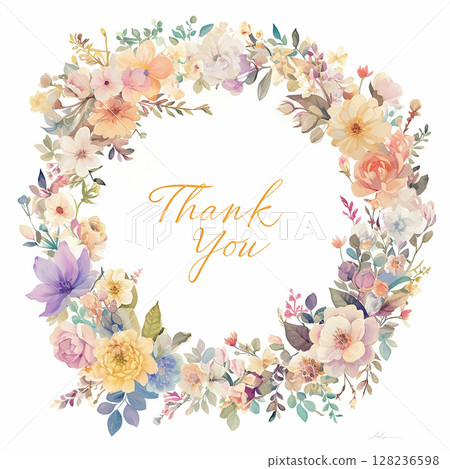 Floral wreath design features a heartfelt thank you message surrounded by elegant pastel flowers and greenery Floral wreath design features a heartfelt thank you message surrounded by elegant pastel flowers and greenery 128236598