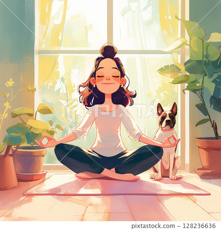 Morning meditation with a dog in a sunlit room filled with plants 128236636
