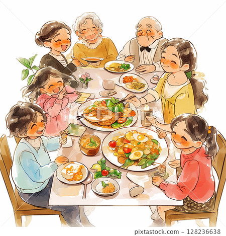 Family gathering around a joyful dinner table filled with delicious home-cooked meals in a cozy dining room setting 128236638