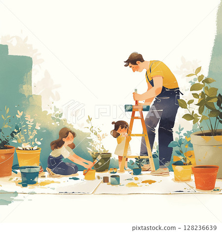 Family engages in gardening activity at home with colorful pots and plants during a sunny afternoon 128236639