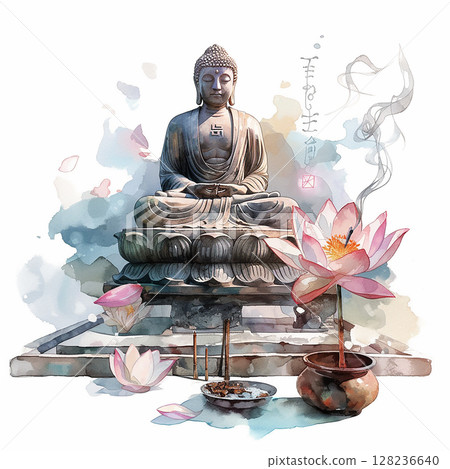 Buddha statue surrounded by flowers and incense in a tranquil setting during a serene moment 128236640
