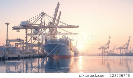 A port at sunrise and an anchored container ship 128236746