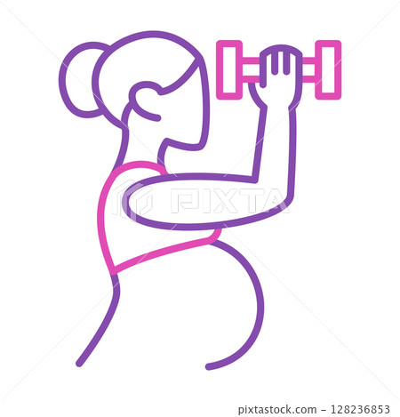 Pregnant woman holding dumbbell line icon 128236853