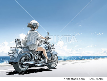 一位女騎士沿著海邊騎著大型巡洋艦自行車的插圖素材 128236980