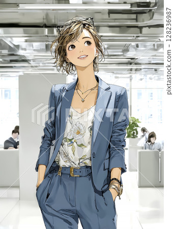 Illustration material of a smiling businesswoman looking up at the ceiling 128236987