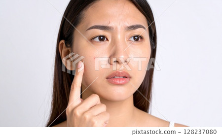 圖片中是一位未化妝、皮膚出現問題的女性。特寫照片中，一位女性的臉頰上長滿了痤瘡。 128237080