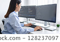 A female engineer typing on a keyboard. An image of a programming task on a dual monitor. 128237097
