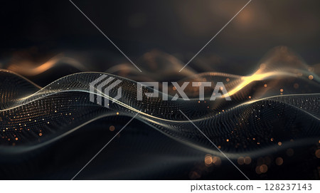 黑色背景上帶有金色閃閃發光粒子波的抽象光藝術 128237143