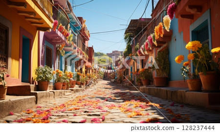 Colorful festive street decorated with flowers and traditional architecture 128237444