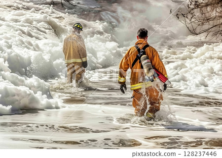 Firefighters navigating icy waters in winter rescue mission 128237446