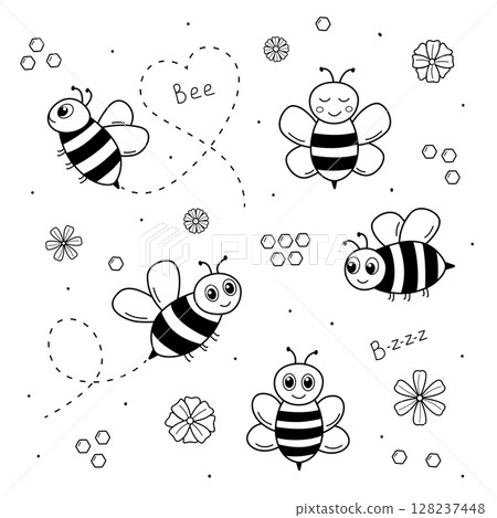 Cute cartoon bees set. Hand drawn outline illustration of bees and flowers. Vector illustration of insects on a white background. Cute cartoon bees set. Hand drawn outline illustration of bees and flowers. Vector illustration of insects on a white background. 128237448