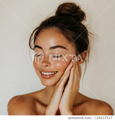 The serene beauty of a girl with freckles and a natural portrait of makeup 128237517