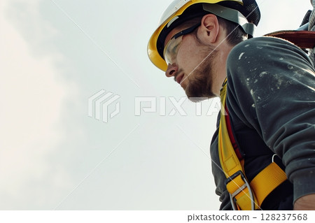 Construction worker in safety gear focused on building project development 128237568