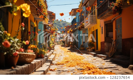 Vibrant street with colorful houses and flower petals in a festive setting 128237654