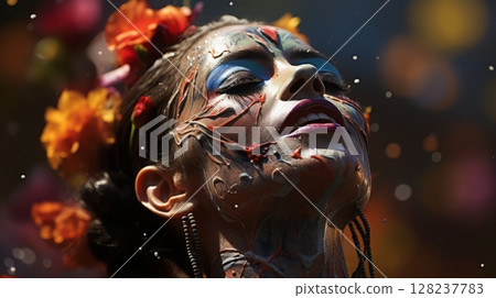 Vibrant day of the dead celebration with colorful face paint and flowers 128237783