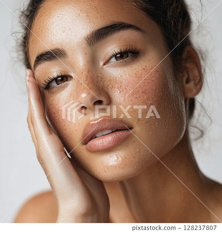 Fresh and radiant beauty concept with freckled skin and dewy glow 128237807