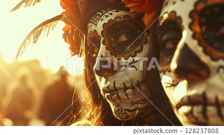 Colorful day of the dead celebration with intricate face paint and costumes 128237808