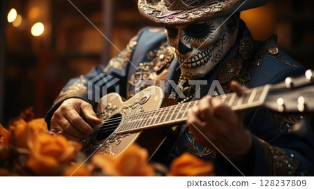 Day of the dead celebration: musician in skull makeup and embroidered outfit 128237809