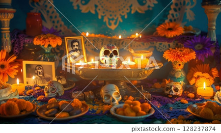 Vibrant dia de los muertos altar with colorful candles and skull decorations 128237874