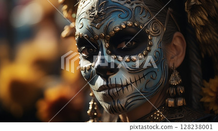 Vibrant dia de los muertos celebration with intricate face paint and traditional attire 128238001