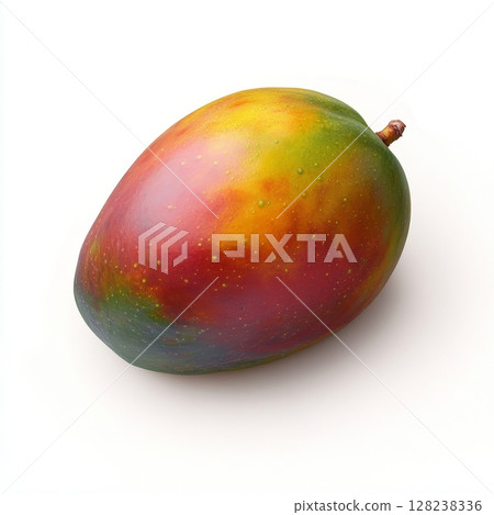 Vibrant ripe mango on white background with colorful peel details Vibrant ripe mango on white background with colorful peel details 128238336
