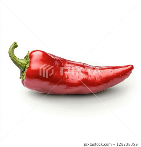 Vibrant red pepper on white background with glossy texture and green stem 128238359