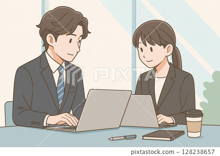 工作時使用電腦的男性和女性 128238657