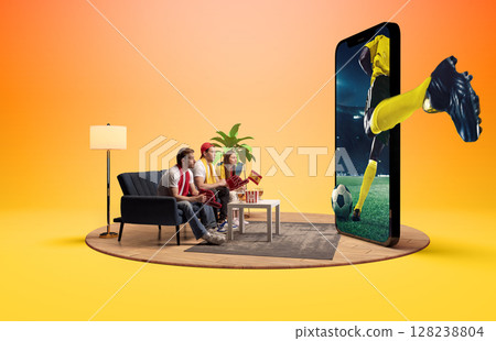 Friends cheering soccer match on mobile screen in cozy home setup. 3D island composition Friends cheering soccer match on mobile screen in cozy home setup. 3D island composition 128238804