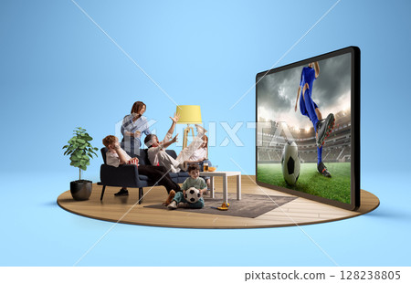Family watching live soccer match on big screen in living room. 3D island composition Family watching live soccer match on big screen in living room. 3D island composition 128238805