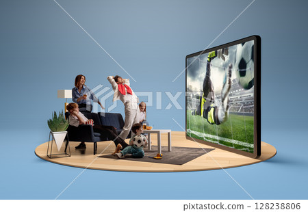 Family watching goalkeeper save during soccer match on big screen at home in 3D island composition 128238806