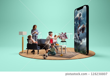 Family engaged in watching female soccer game on big modern smartphone screen. 3D island composition 128238807