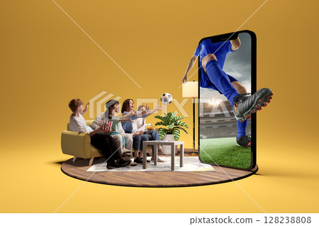 Family watching immersive soccer game on huge smartphone screen at home. 3D island composition 128238808