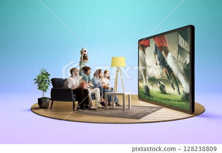 Family enjoying soccer match on big screen at home with excited children. 3D island composition Family enjoying soccer match on big screen at home with excited children. 3D island composition 128238809