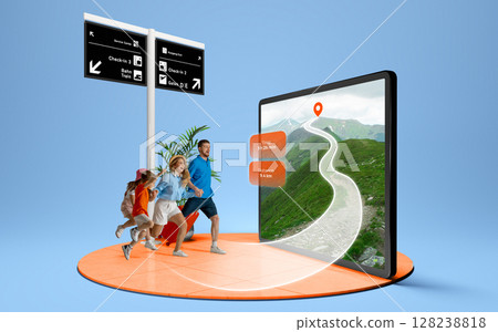 Family starts mountain hike following route on large digital display. 3D island composition 128238818