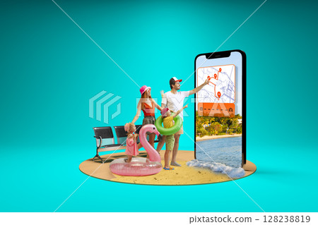 Family checking vacation map on large smartphone before beach trip. 3D island composition 128238819