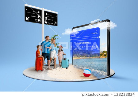 Family stepping into vacation destination through large digital map interface. 3D island composition Family stepping into vacation destination through large digital map interface. 3D island composition 128238824