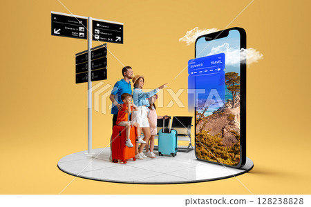 Family exploring travel destinations through giant phone. 3D island composition 128238828