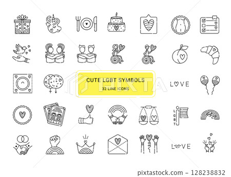 Cute lgbt symbols, 32 black line vector icons 128238832