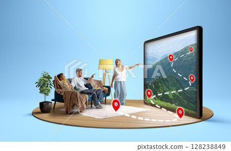 Family exploring travel routes on a digital map at home. 3D island composition 128238849
