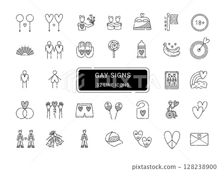 Gay signs, 32 black line vector icons Gay signs, 32 black line vector icons 128238900