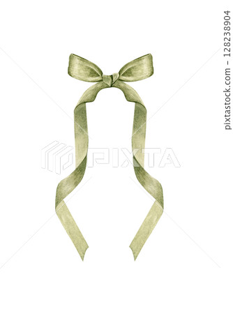 Elegant green bow ribbon with flowing tails watercolor isolated on white. Hand-painted ideal for gift shop branding, wedding stationery, fashion tags, charity packaging, romantic graphic design 128238904