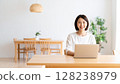 An image of a woman working from home with her laptop open in the living room, smiling and relaxed. 128238979