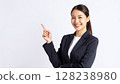 A young woman pointing at a text space. Image of a business scene for recruitment or guidance. 128238980