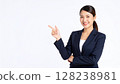 A young woman pointing at a text space. Image of a business scene for recruitment or guidance. 128238981