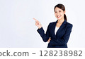 A young woman pointing at a text space. Image of a business scene for recruitment or guidance. 128238982