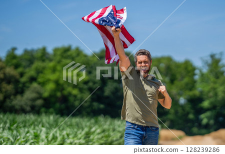 American flag and man farmer, harvest. Flag of USA. Independence day. Man in field. Patriotic man with American flag in field. Independence day of America. 4th of July. Labor day. Copy space 128239286